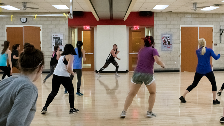 NC State students participating in a cardio dance class