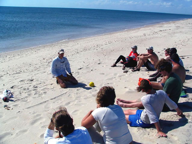 Dr Holden with students on beach