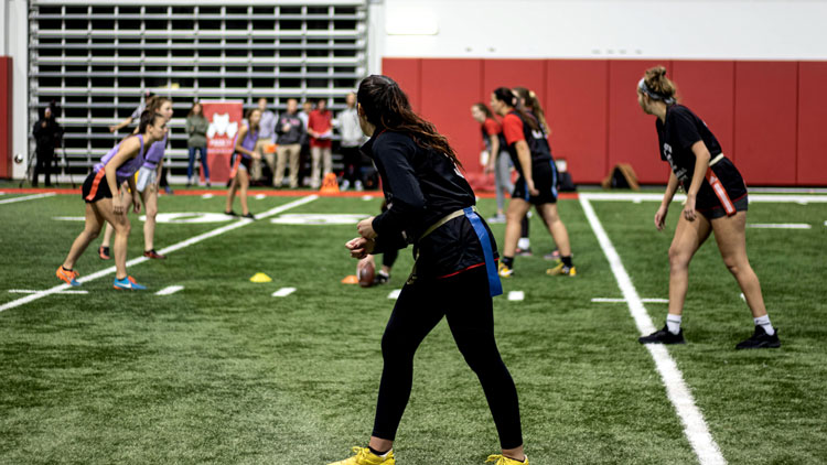 Students Playing Flag Football at Close-King Indoor Practice Facility