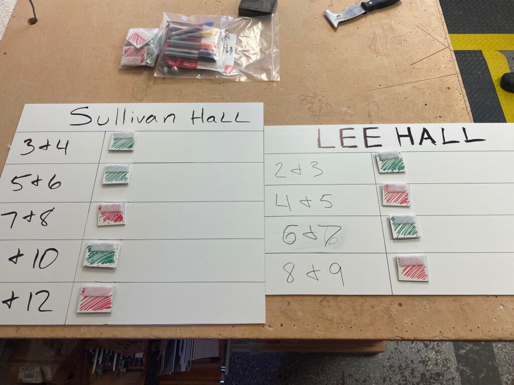 Color-coded signal cards for move-in day at Lee and Sullivan Halls