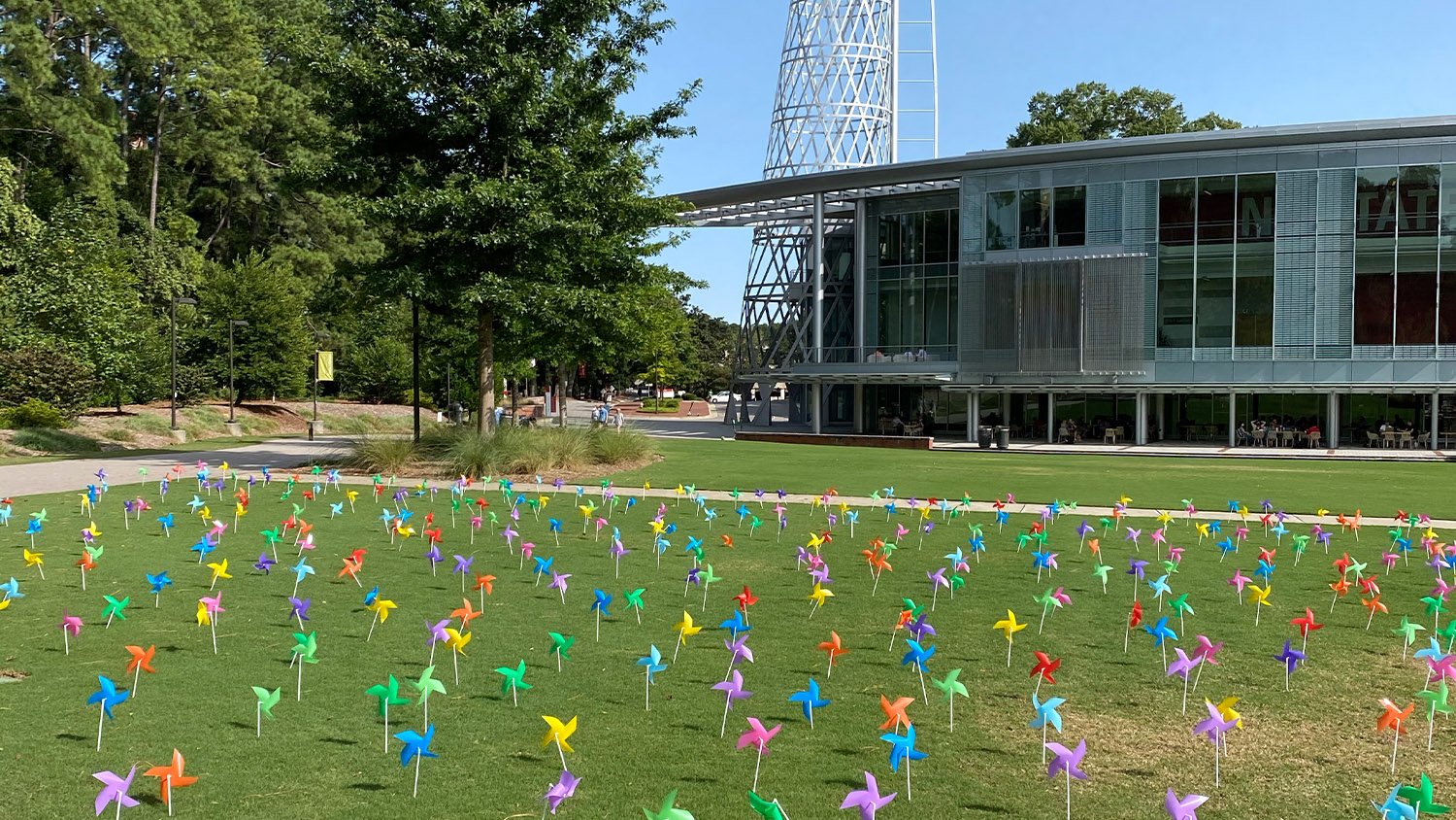 A display of pinwheels on the lawn in front of Talley Student Union in recognition of Suicide Prevention Month