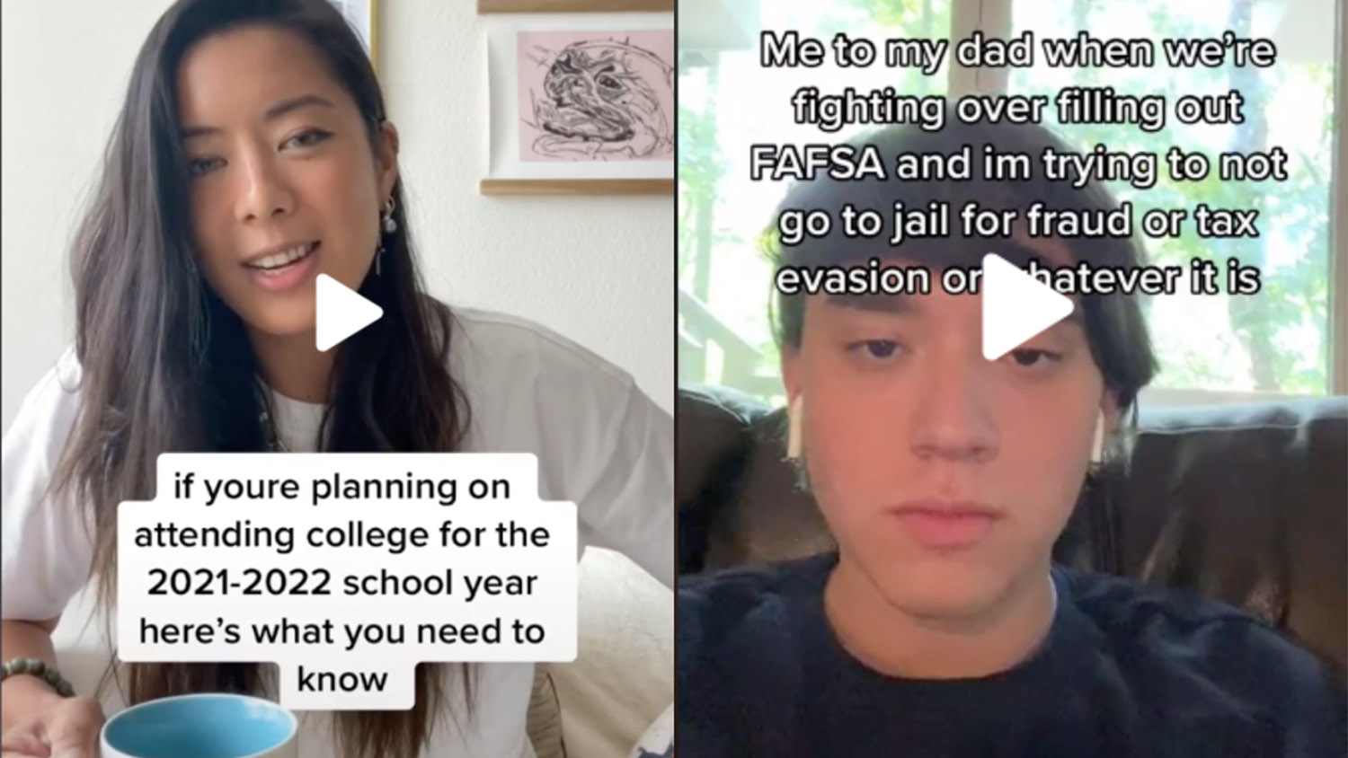 Two TikTok videos side by side commenting on college planning and FAFSA