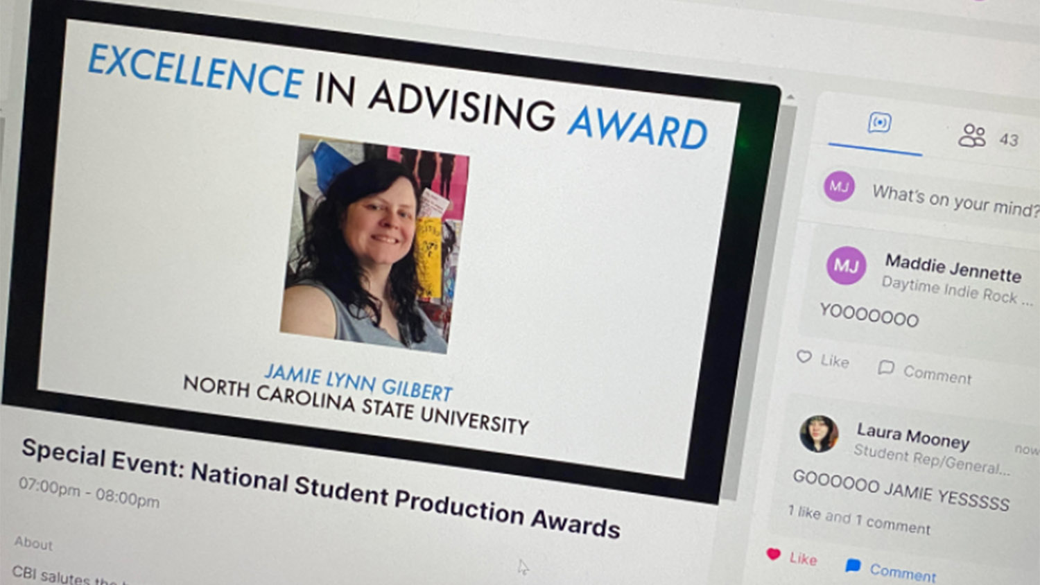 A screen shot showing Jamie Lynn Gilbert as the winner of the Excellence in Advising Award from CBI