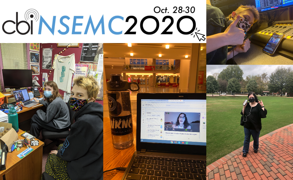 Image collage including the NSEMC 2020 logo, a masked student watching a presentation on a phone, a masked adviser watching a presentation on her phone outisde during a fire alarm, a computer showing a presentation and two students in masks watching a presentation on a laptop.
