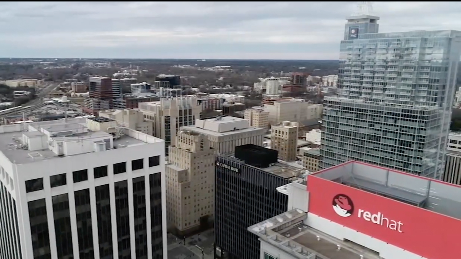 Aerial view of the downtown Raleigh Skyline
