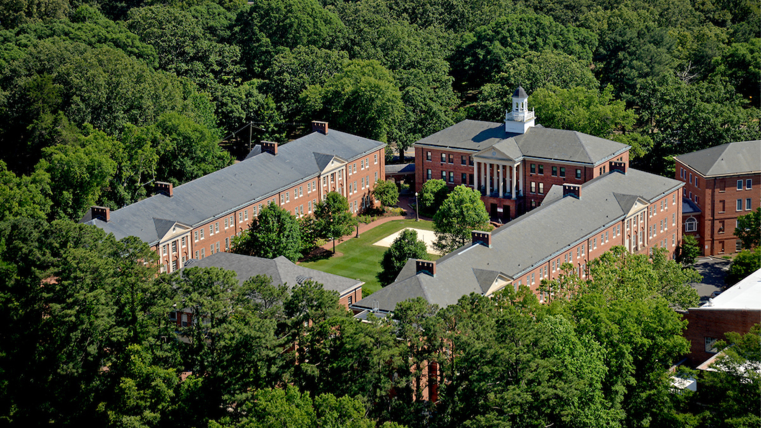 An aerial view of residence halls on campus