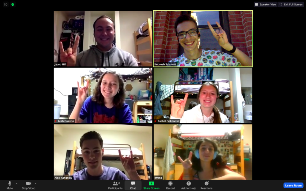 Screenshot of a Zoom call with students making Wolfie signs in six different windows