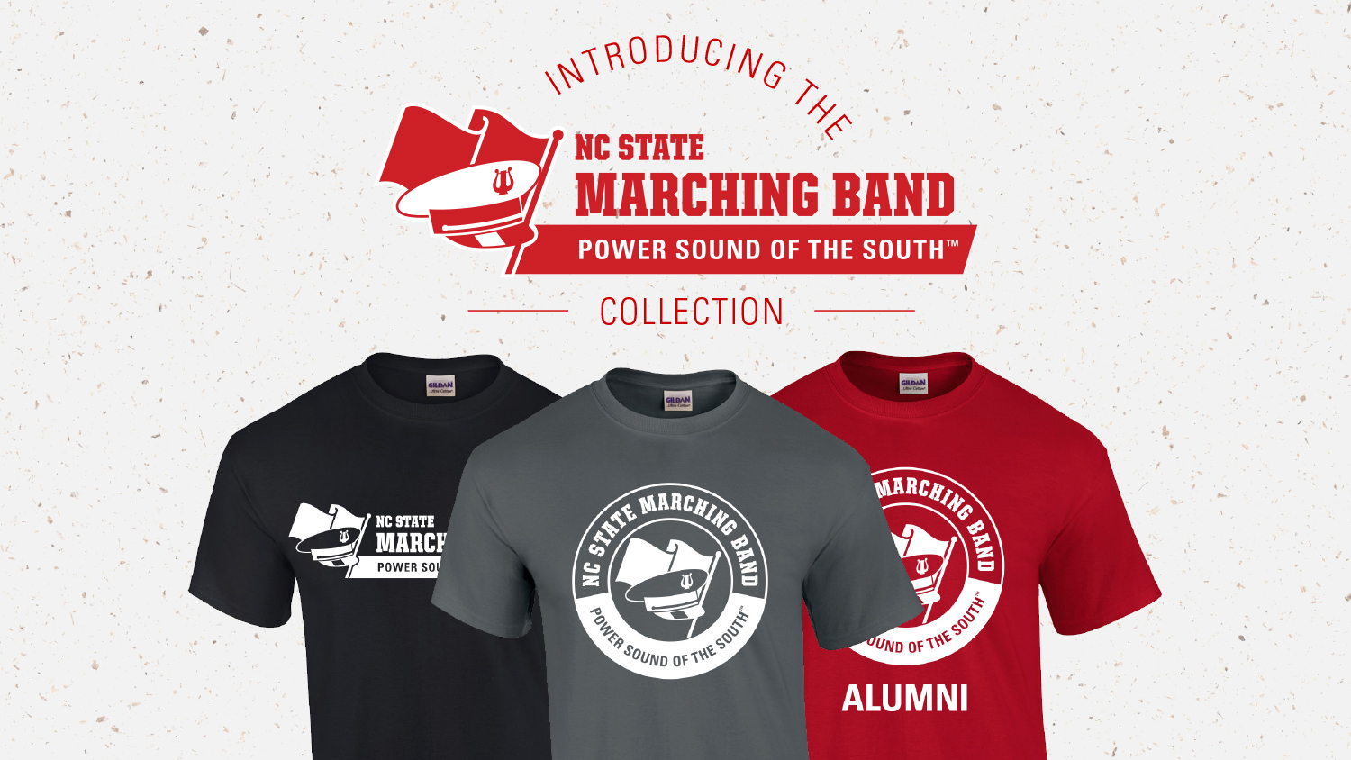 Three T-shirts with "NC State Marching Band - Power Sound of the South" written on them, along with a logo showing marching band hat and flag