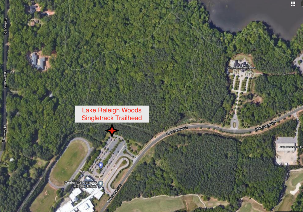 A satellite view of the area where new hiking and biking trails are being established in Lake Raleigh Woods