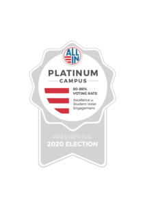 A ribbon logo for the Platinum Award for voter participation