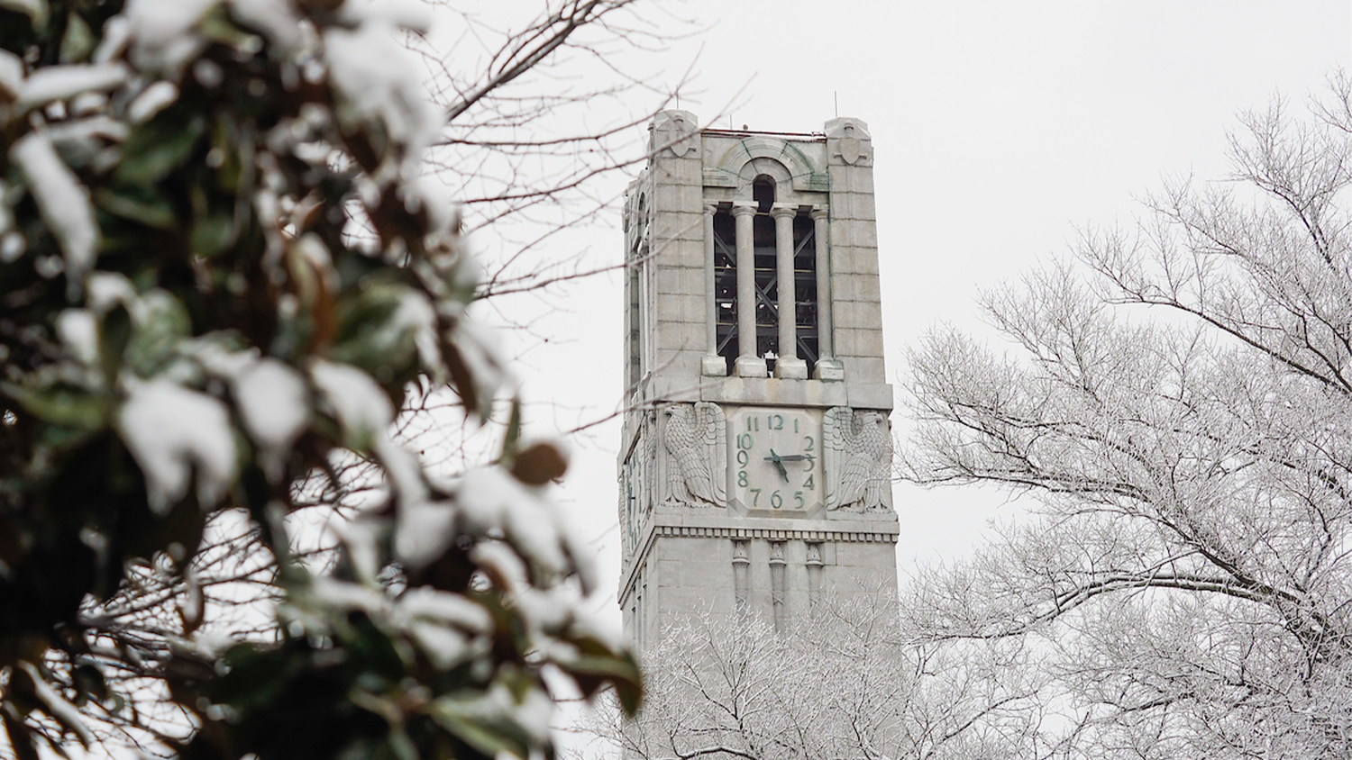 The NC State Bell Tower surrounded by snow-covered tree branches