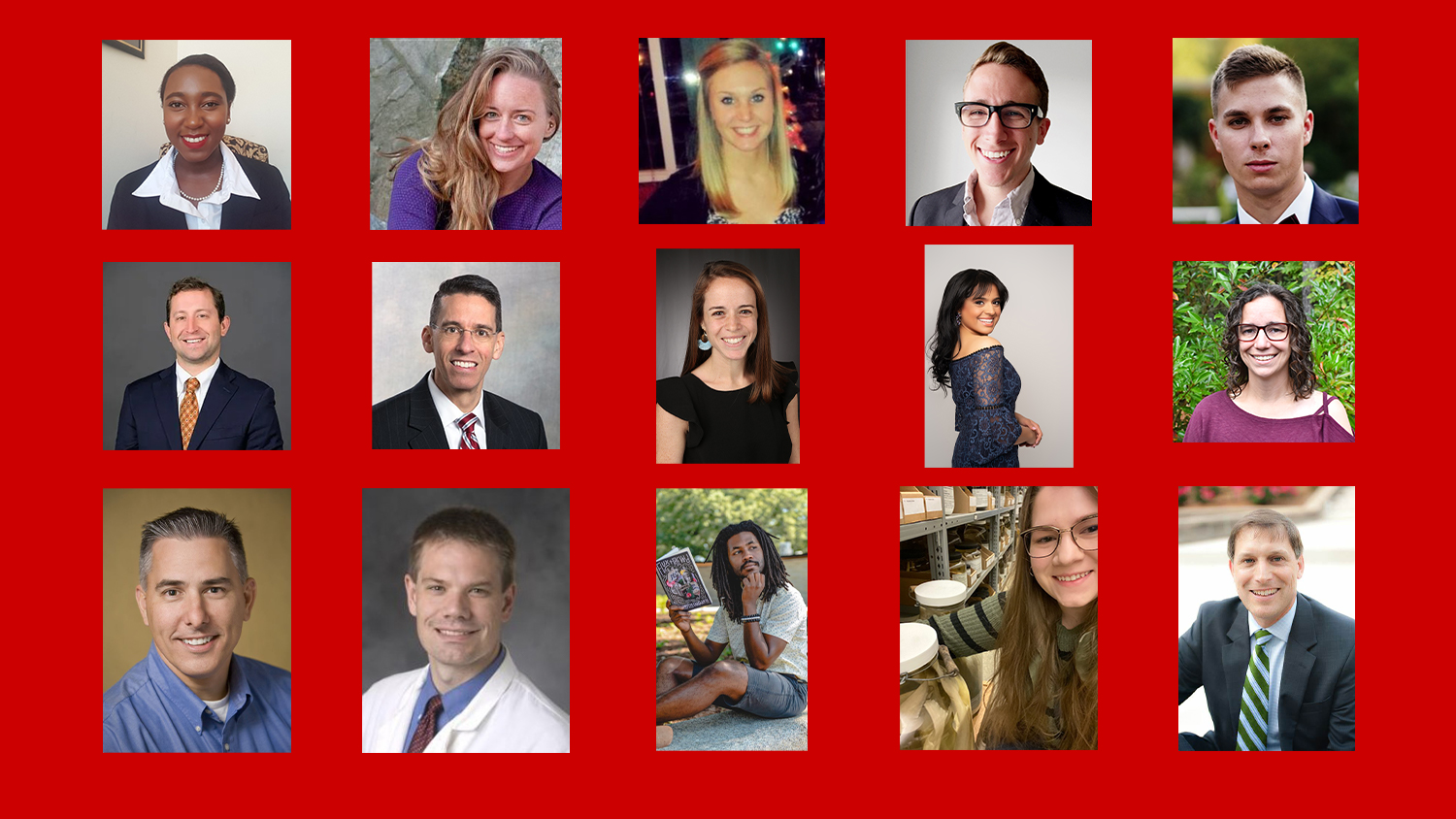Photos of Career Conversations speakers in front of a red background