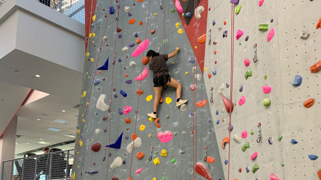A student climbing the indoor rock climbing wall in the Wellness and Recreation Center