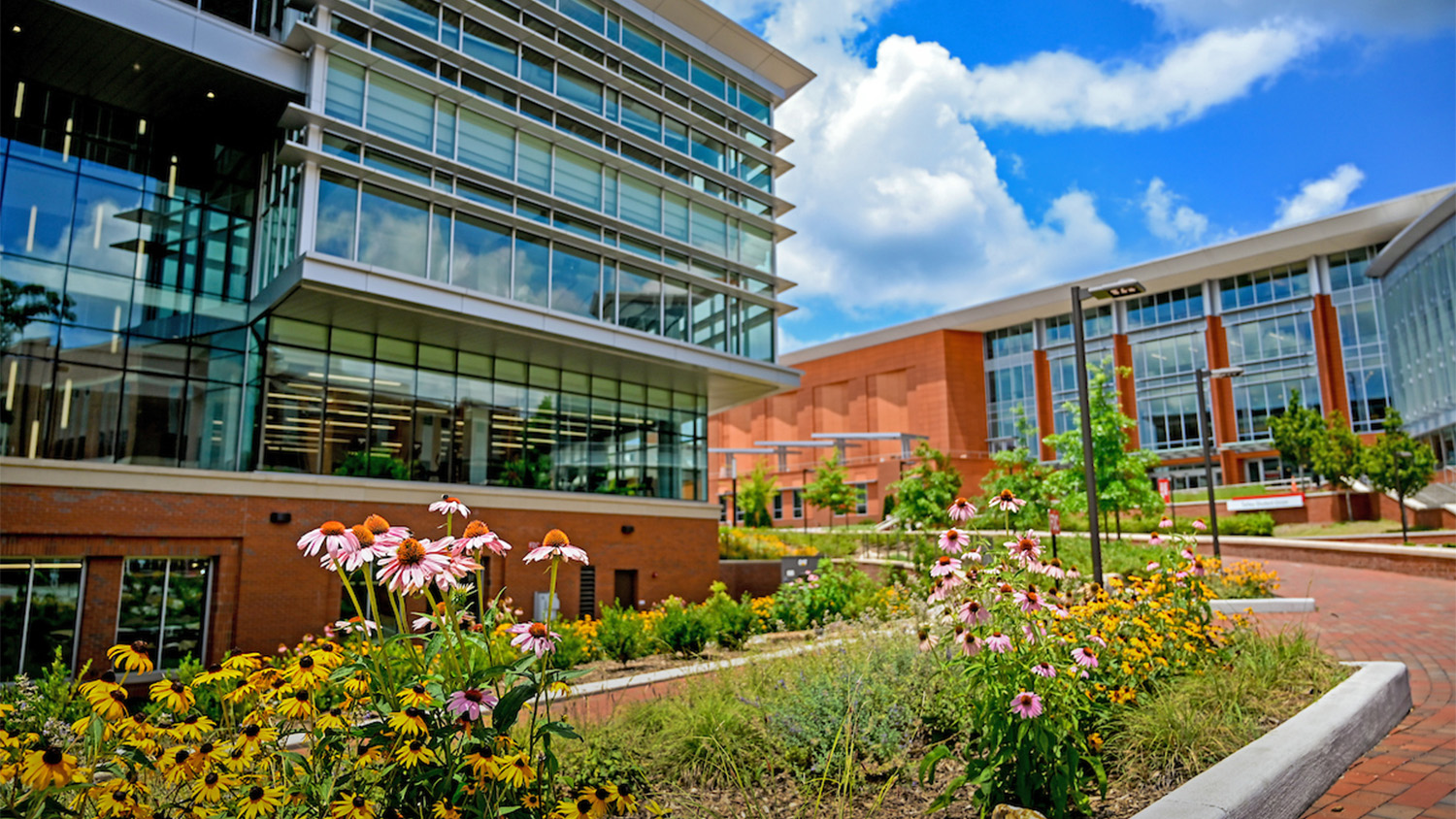 Exterior of the Wellness and Recreation building and Talley Student Union, with colorful flowers in the foreground
