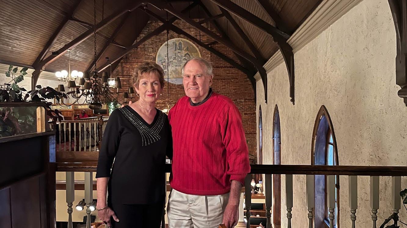 Pat and Jerry ’67 Collier at the Freemason Abbey Restaurant in downtown Norfolk. The Colliers converted the 150-year-old former church building into a restaurant 34 years ago.
