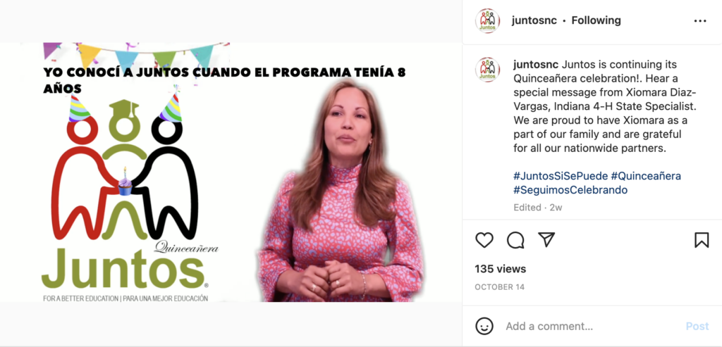 A screenshot of an Instagram post featuring a woman in front of a screen with the Juntos logo on it.