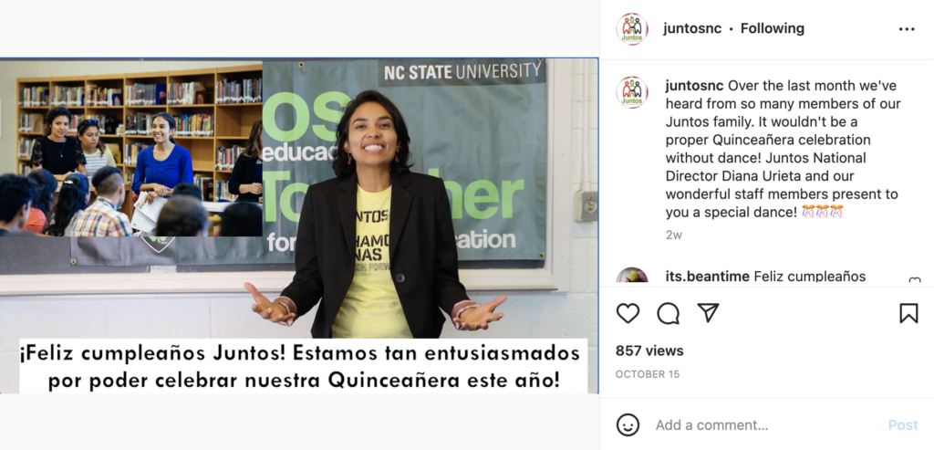 A screenshot of an Instagram post featuring Diana Urieta in front of a board with Juntos information on it
