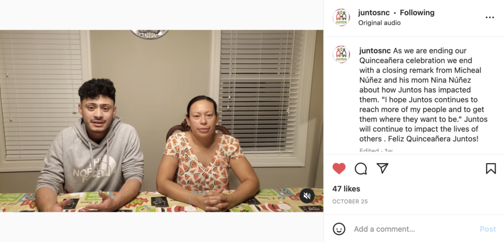 A screenshot from an Instagram post featuring a mother and son at their dining room table