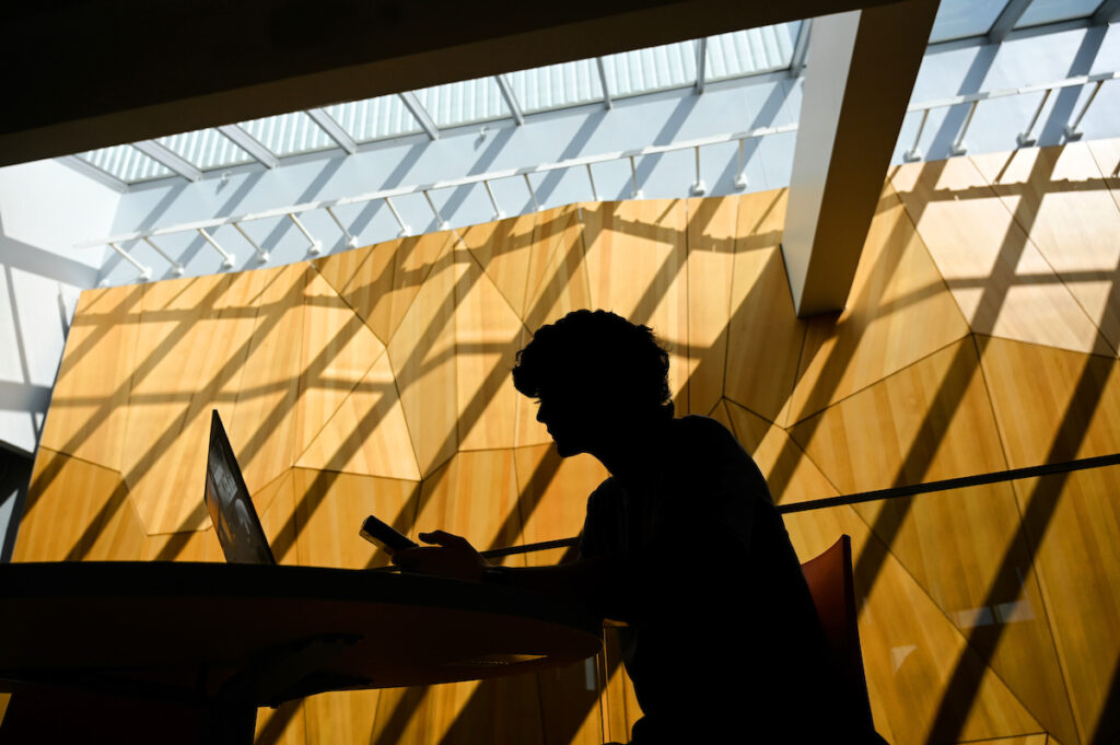 A shadow silhouette of a student working on a laptop in front of a wooden wall and large window