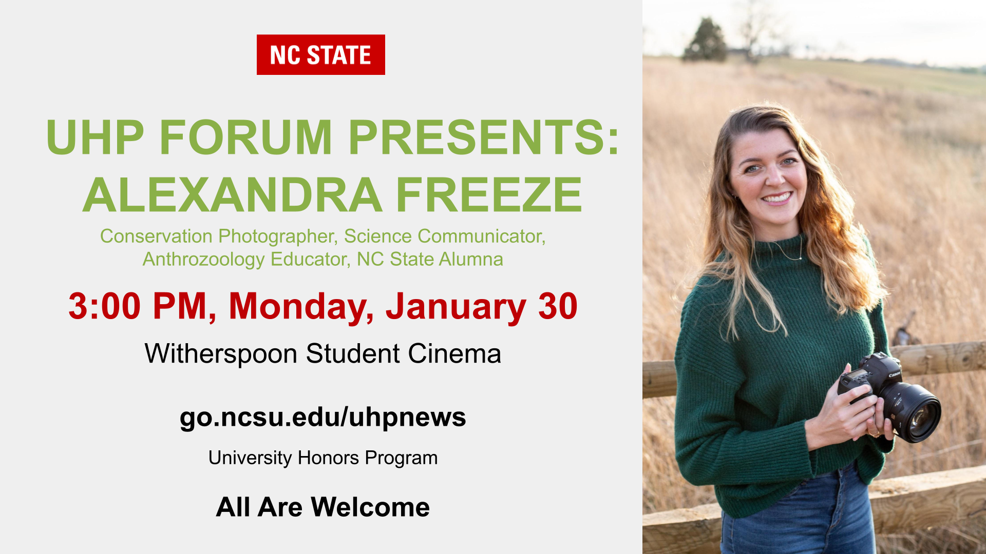Poster for the University Honors Program Forum featuring Alexandra Freeze