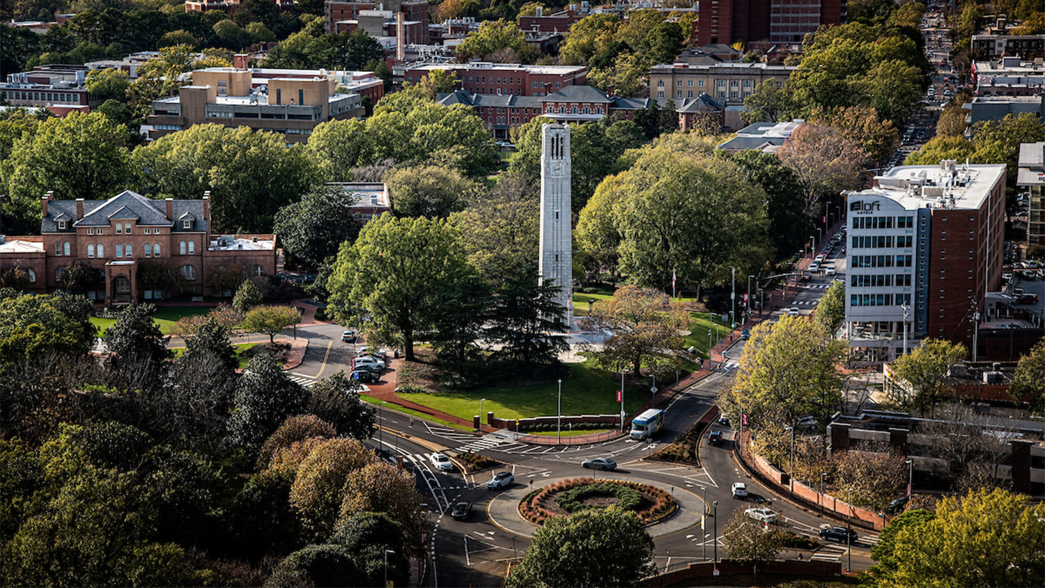 Aerial view of the Belltower and main campus