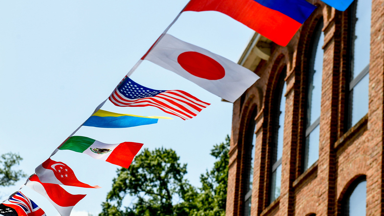 Flags from countries around the world dangle on a line in front of a brick building