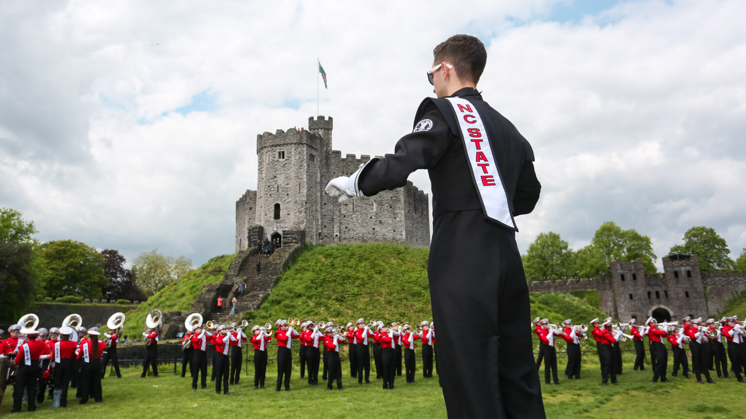 The Power Sound of the South® performs in front of Cardiff Castle in Wales, England—photo courtesy of Dan Jahn.
