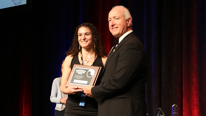Layla El-Khoury (left) receives the 2023 Robert E. Stewart Engineering Humanities Award from Keith G. Tinsey (right)—photo courtesy of Laura Riddle.