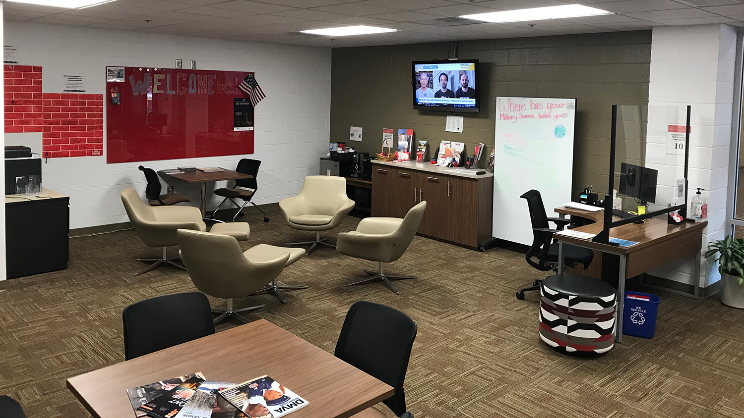 A revamped student lounge with a television, sectional, comfortable chairs, refrigerator and microwave will be a key component of the the Jeffrey Wright Military and Veteran Services' newly-renovated space on the first floor of Witherspoon Student Center.
