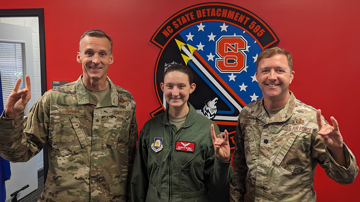 From left: Brigadier General Joseph Stepp, an NC State alum, NC State Air Force ROTC Cadet Rileigh Sevigny and Lieutenant Colonel Steven Jordan, the commanding officer of NC State's Air Force ROTC Detachment.