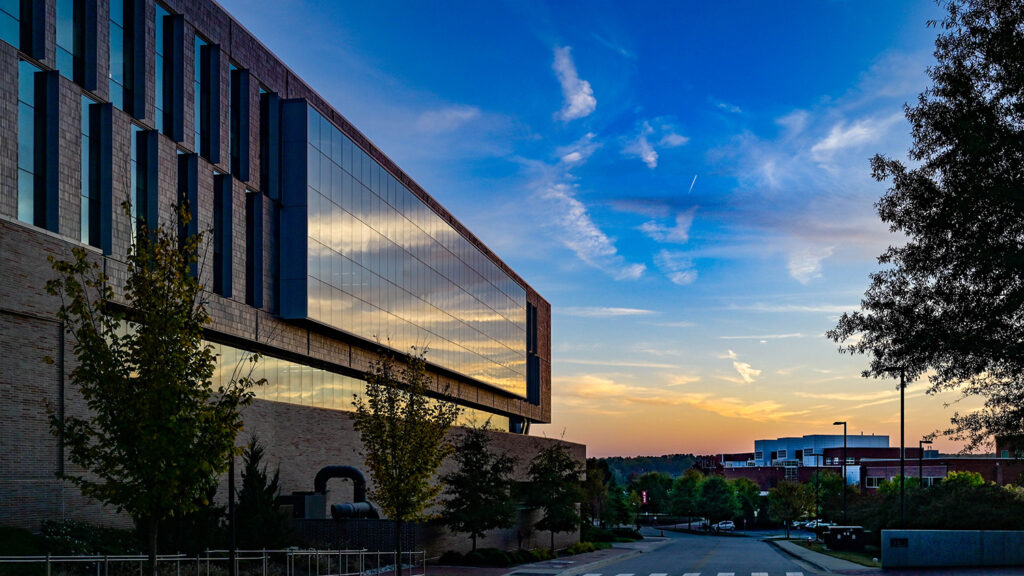 The exterior of Hunt Library at sunset.