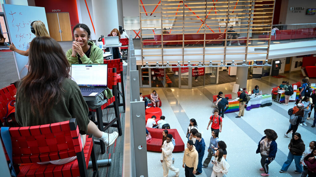 Students study in a busy Talley Student Union. 