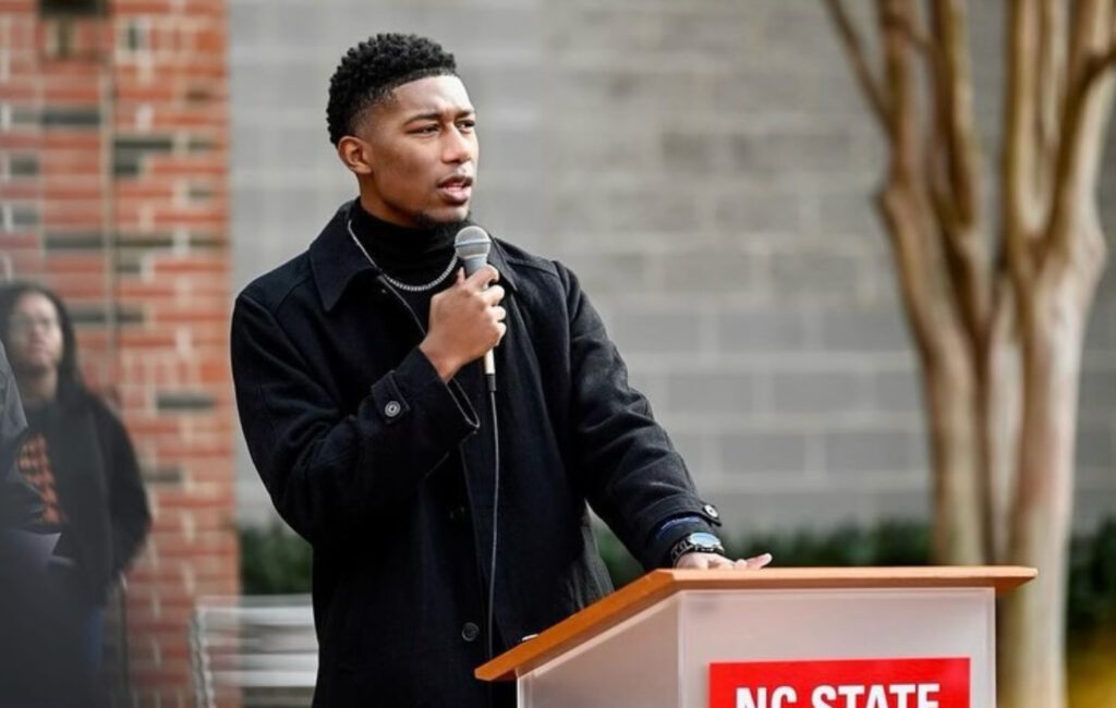 Dewberry speaking about the importance of demonstrating diversity on campus after the third annual March Like Martin event hosted by the African American Cultural Center and Multicultural Student Affairs in January.
