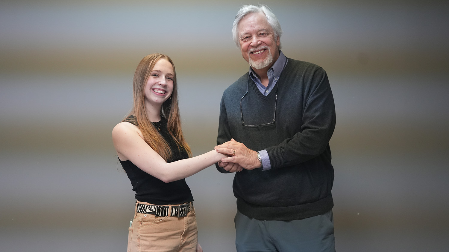 Technician Managing Editor Emily Vespa with Dean Phillips, the namesake of the award. Phillips is a multi-award-winning Senior Lecturer Emeritus from the NC State Department of Communication.