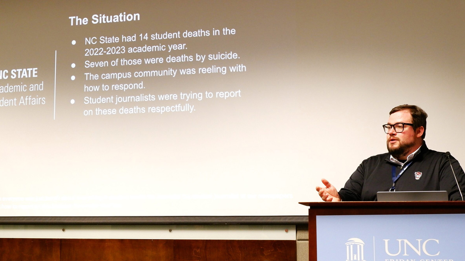 Ben McNeely, who advises Nubian Message and Technician, speaks to UNC administrators about the vital role their student media can play in addressing mental health issues on campus.