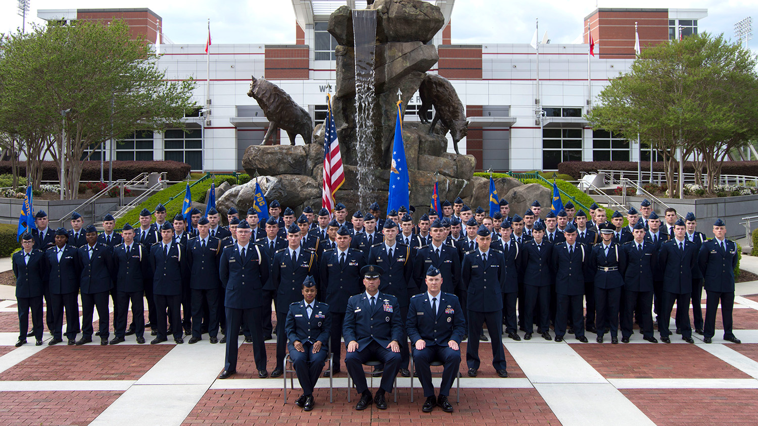 The NC State Air Force ROTC Detachment 595 cadets in front of the Wendell H. Murphy Center.