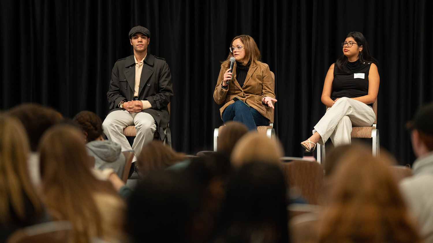 From left, NC State graduate student and WKNC 88.1 FM podcaster Abdullah Najjar, News & Observer Capitol Bureau Chief Dawn Baumgartner Vaughan and NC State senior Emilia Rivadeneira, a WKNC 88.1 FM podcaster and Nubian Message staff writer, participate in a panel discussing coverage of the 2024 elections at “J-Day” held Oct. 15 at Talley Student Union.