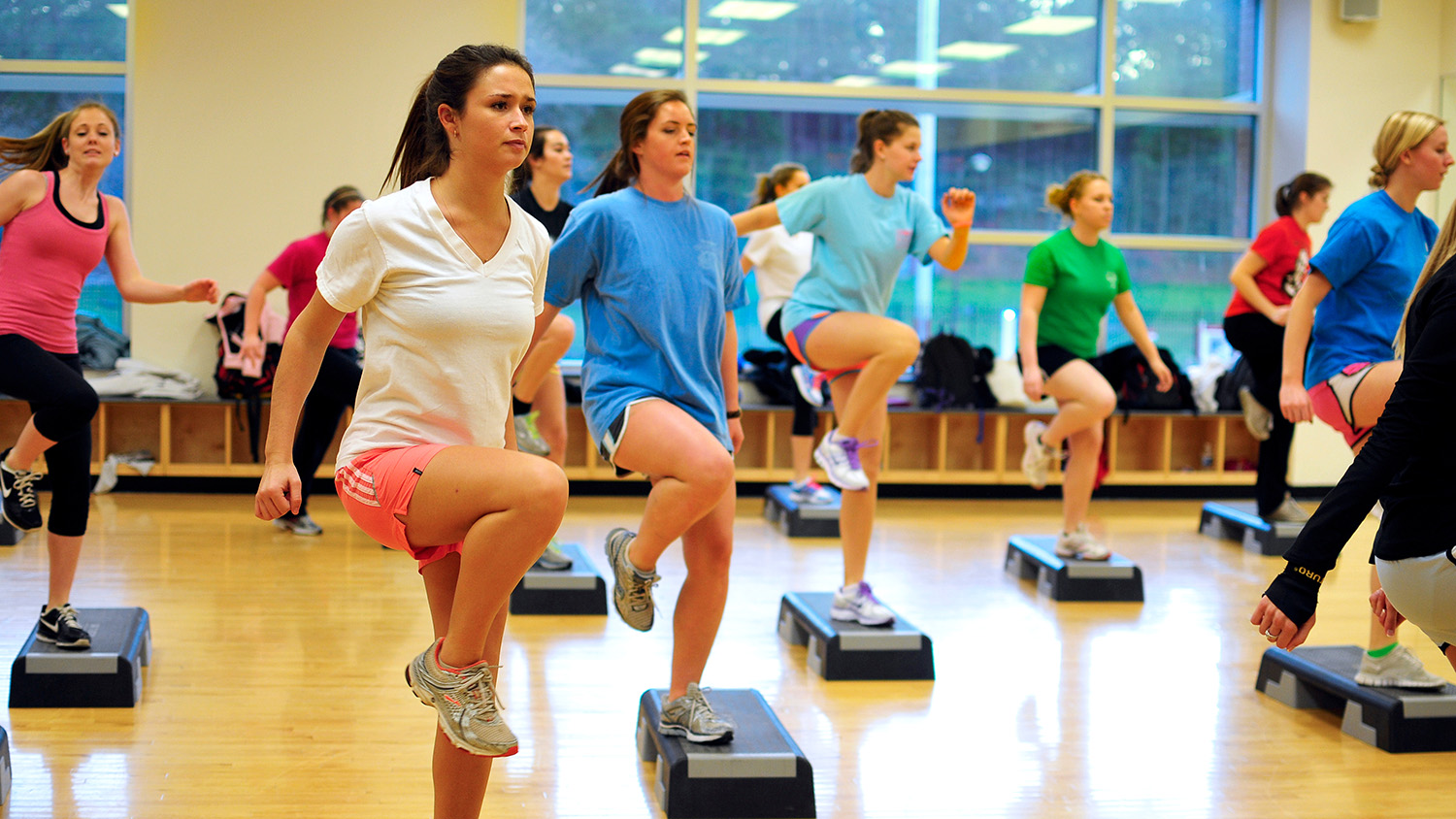 Students participate in a Wellness and Recreation fitness class.