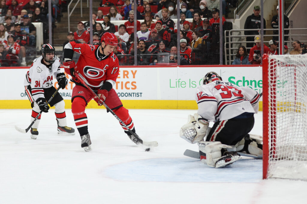 Carolina Hurricanes head coach Rod Brind'Amour scores a goal against the NC State Icepack. Nick Faulkner | NC State Icepack