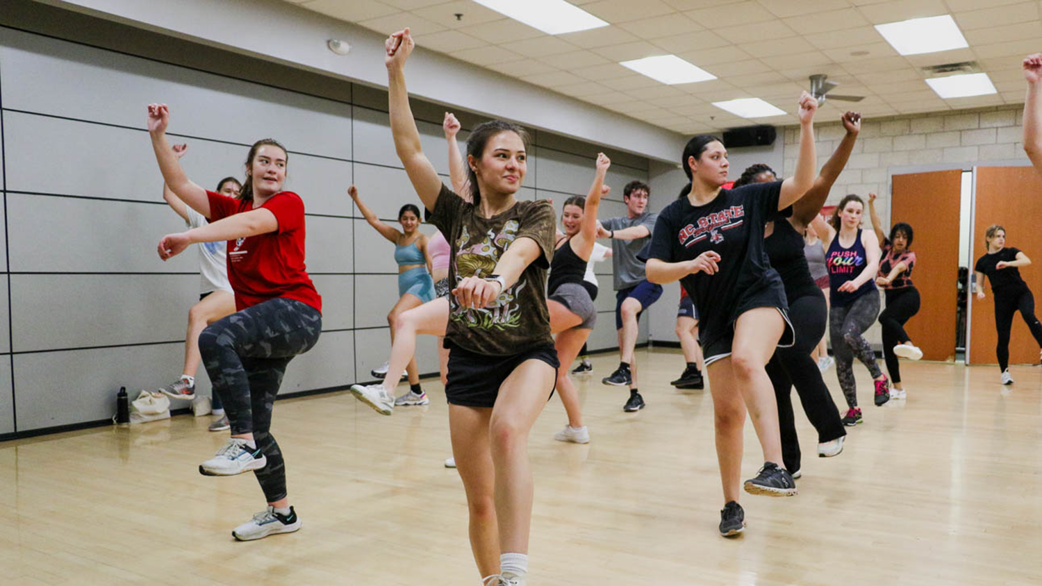 NC State students participate in a Wellness and Recreation fitness class.