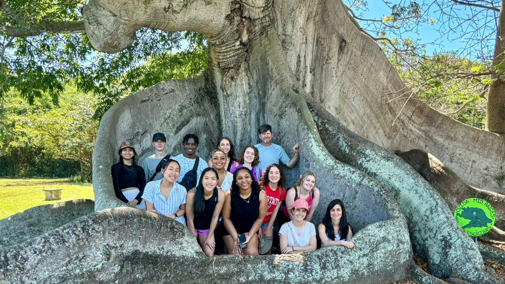 Puerto Rico After Maria' students gather among the massive roots of a tree in Puerto Rico with their course instructors, UHP Associate Director Ken Johnson and Dr. Maru Gonzalez, Associate Professor and Youth Development Specialist in the Department of Agricultural and Human Sciences in March of 2024.