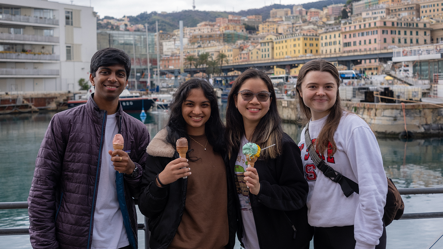 Honors and Scholars Program students enjoying gelato in Genoa, Italy while touring the French and Italian Rivieras during a UHP spring break trip in March of 2024.