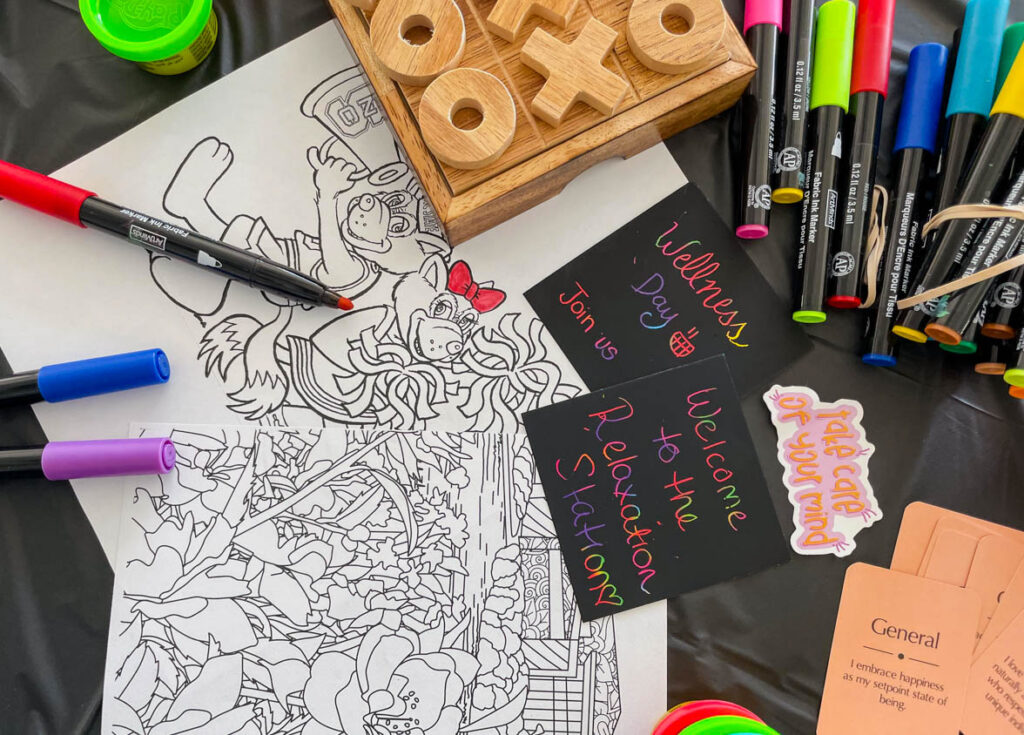 Coloring materials as part of Wellness and Recreation's relaxation hub. 