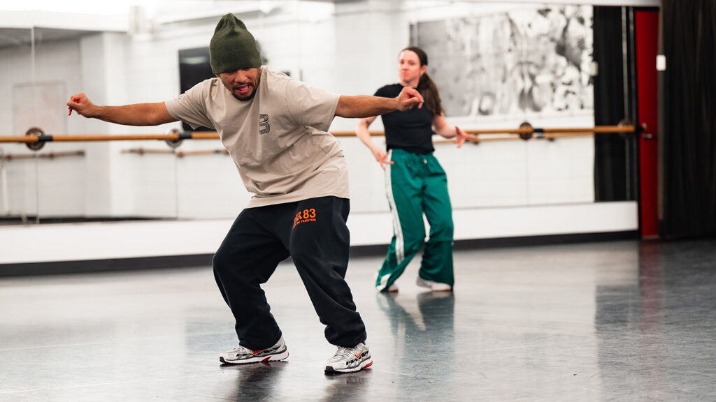 Gabriel "B-boy Wicket" Jaochico instructs NC State's Panoramic Dance Project dancers.