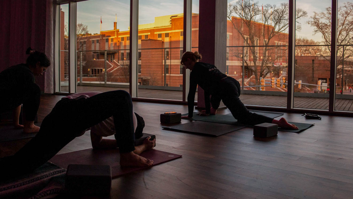 Students participate in a sunset yoga class.