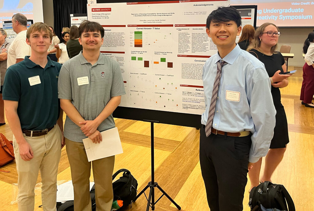 James Hung is pictured (far right) with his fellow undergraduate researchers and their research poster at the Undergraduate Research Symposium in April. 
