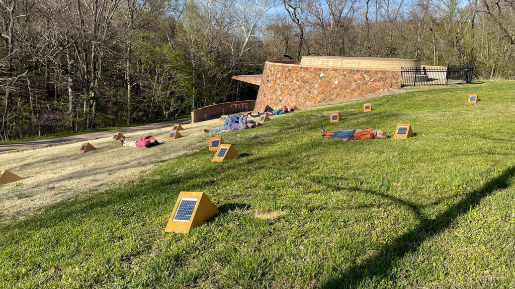 Students lie in the grass among the sun boxes. 