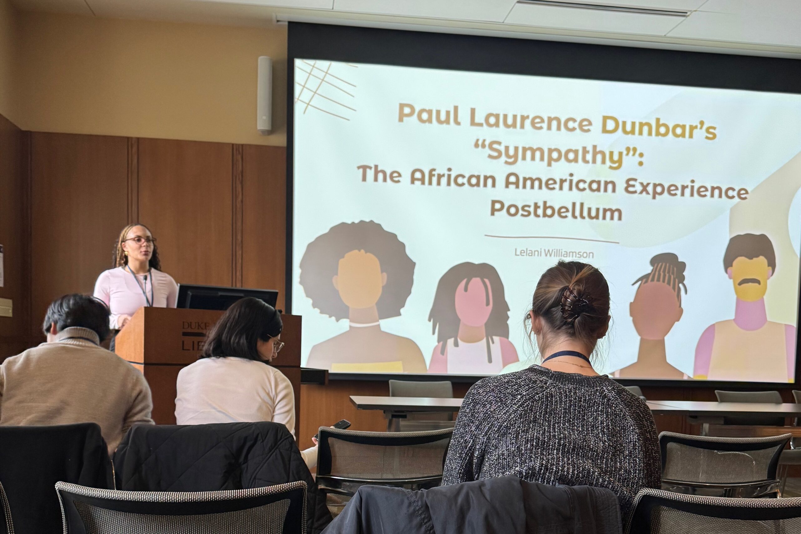 Lelani Williamson speaking at the Triangle Undergraduate Literary Conference, hosted by Duke University in February 2025.